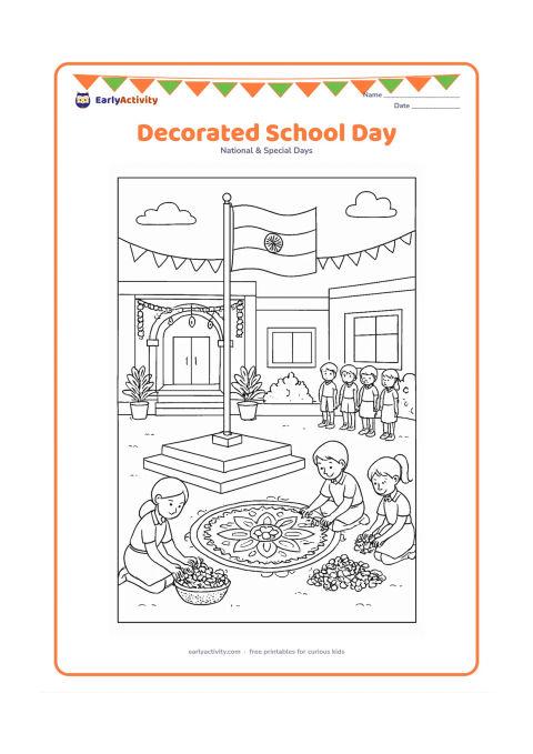 Colouring page: Draw a detailed Indian school courtyard prepared for a flag ceremony, including a decorated entrance, steps, potted plants, rangoli, bunting, a flagpole and groups of children arranging…