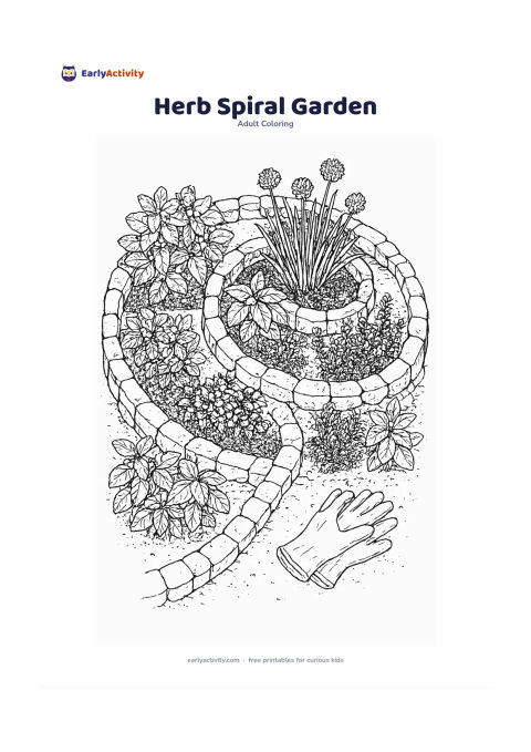 Colouring page: Create a spiral-shaped herb garden planted with mint, basil, thyme, sage, and flowering chives. Show the raised stone spiral from above with a narrow path and a few gardening gloves…