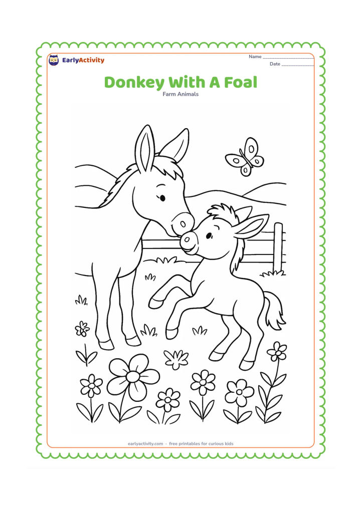 Colouring page: An adult donkey gently nuzzles a playful foal in a spring meadow. Surround them with varied wildflowers, a butterfly, a split-rail fence and distant rolling hills.