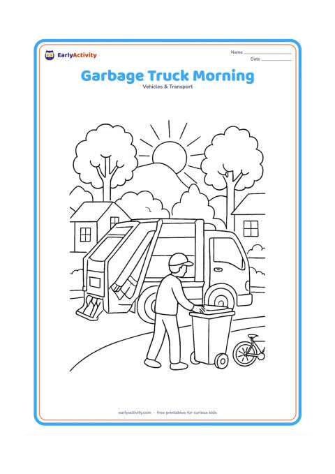 Colouring page: A garbage truck collects bins along a residential lane in the morning, with a rising sun, trees, a bicycle and two houses. Show one worker placing a bin near the rear loader without…
