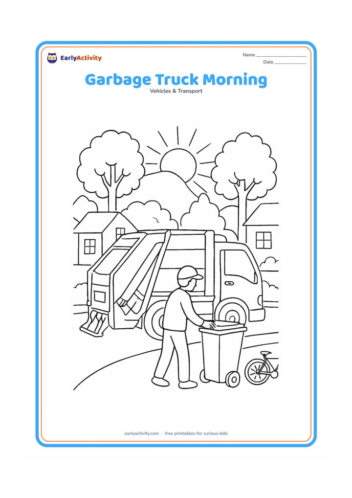 Colouring page: A garbage truck collects bins along a residential lane in the morning, with a rising sun, trees, a bicycle and two houses. Show one worker placing a bin near the rear loader without…