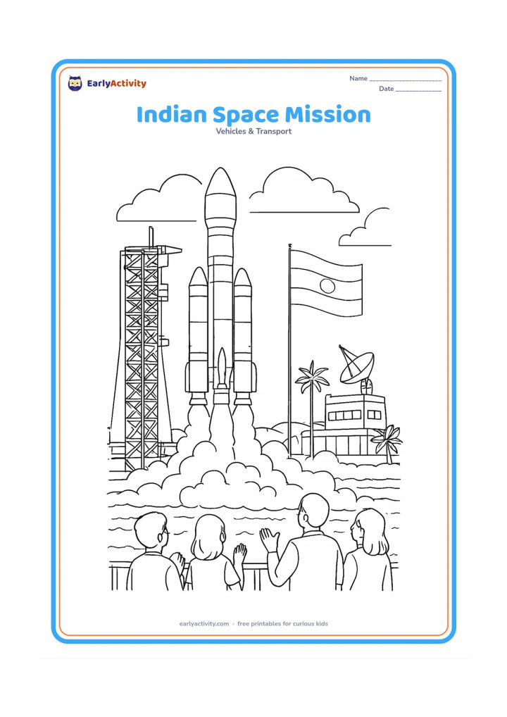 Colouring page: Draw a detailed rocket lifting from an Indian coastal launch complex, with a control building, antenna dishes, palm trees, ocean waves, an Indian tricolour flag without symbols or words…