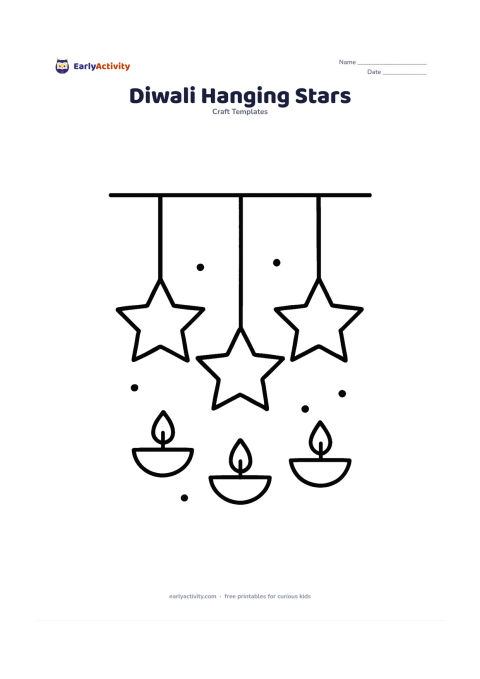 Worksheet: Show a simple hanging decoration made from three blank star outlines suspended from a horizontal line, with small diya lamp outlines below and a few plain dotted decoration marks. Keep…