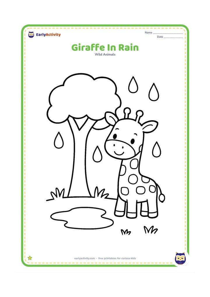 Colouring page: A cheerful giraffe stands beneath a broad leafy tree during a gentle shower. Draw large raindrops, a puddle, a few grass tufts and a small umbrella-shaped tree canopy.