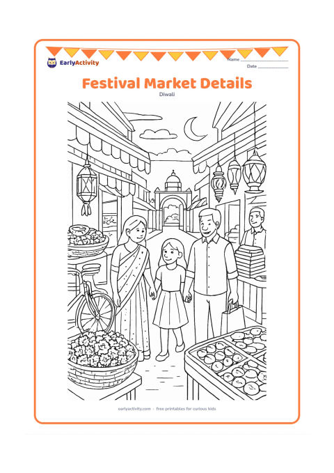 Colouring page: A busy but welcoming Indian market street displays baskets of marigolds, clay diyas, sweets, lanterns and folded new clothes while a family shops together. Include a bicycle, awnings, a…