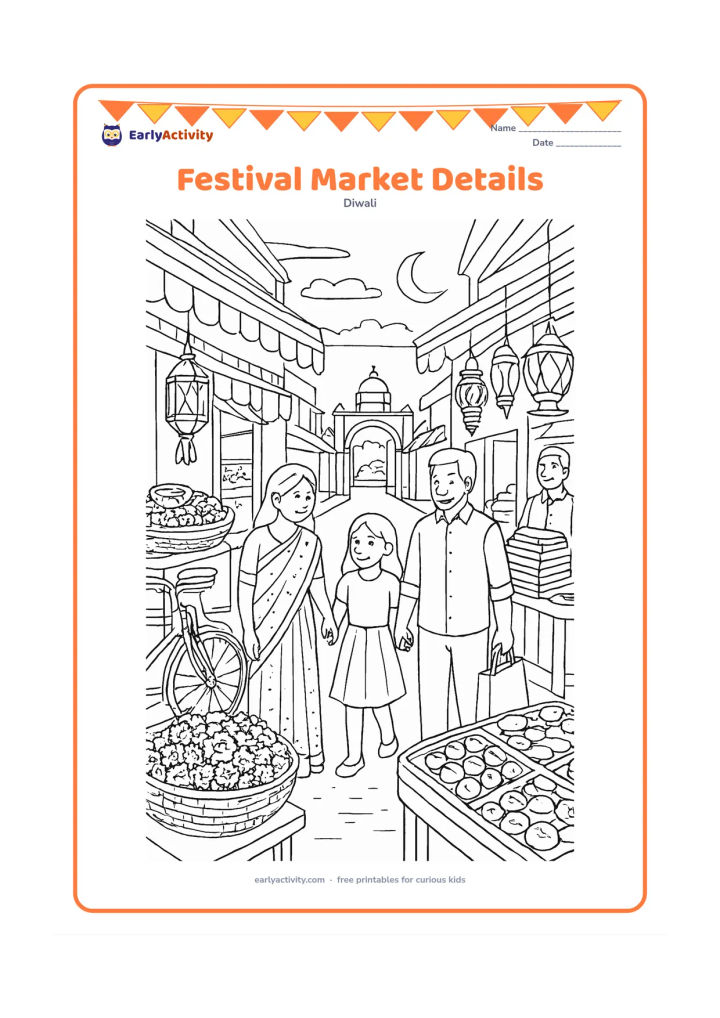 Colouring page: A busy but welcoming Indian market street displays baskets of marigolds, clay diyas, sweets, lanterns and folded new clothes while a family shops together. Include a bicycle, awnings, a…