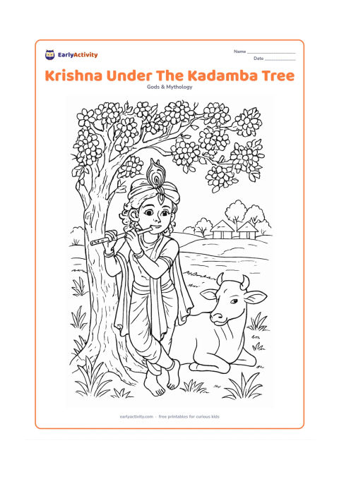 Colouring page: Draw Krishna leaning against a flowering kadamba tree while playing his flute, with a cow resting nearby. Include layered branches, clustered blossoms, grasses, a riverbank, and distant…