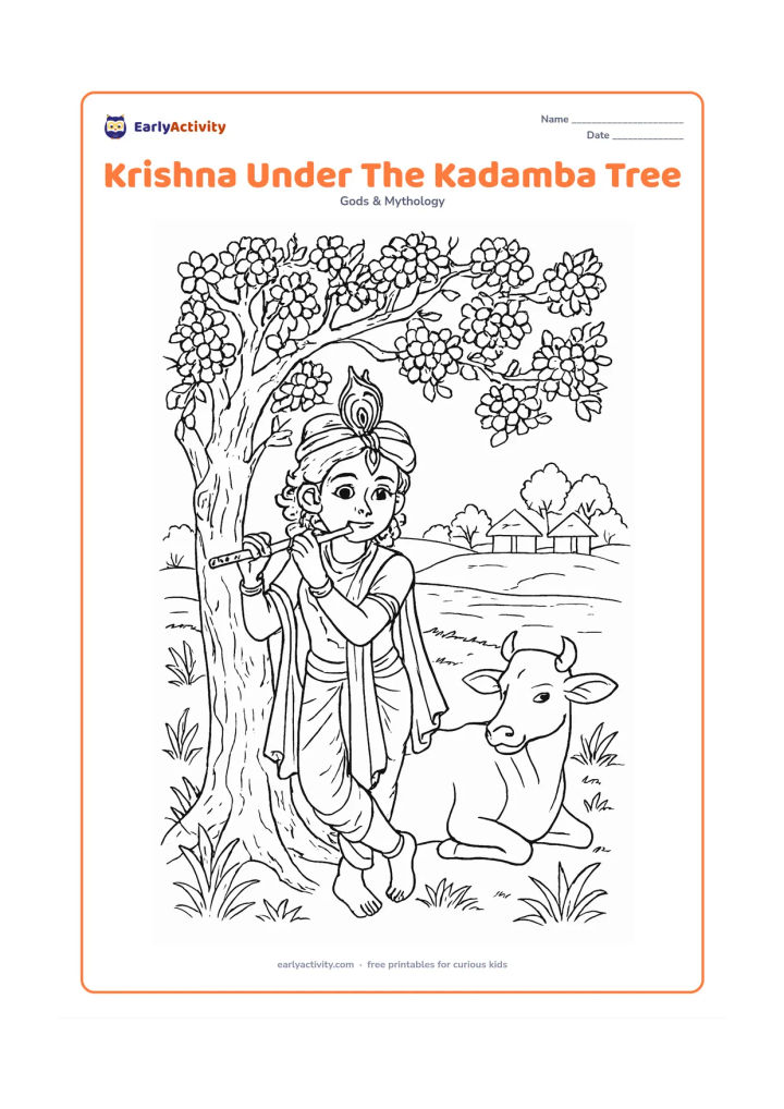 Colouring page: Draw Krishna leaning against a flowering kadamba tree while playing his flute, with a cow resting nearby. Include layered branches, clustered blossoms, grasses, a riverbank, and distant…