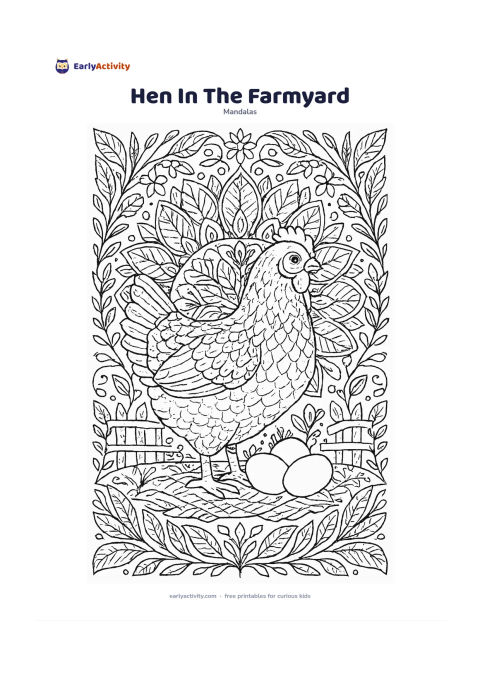 Colouring page: Show a calm hen standing beside a few eggs in the centre of a farmyard mandala. Surround it with repeating feather shapes, grain stalks, flower petals, woven basket patterns, a low…