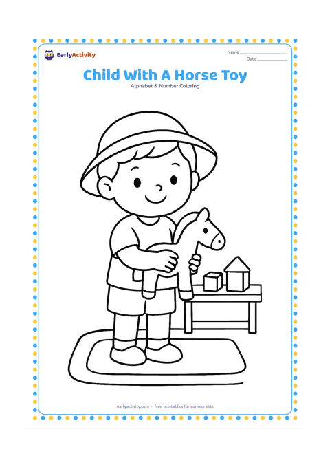 Colouring page: A smiling child wearing a plain sun hat holds a small wooden horse toy, standing on a simple rug beside a low shelf. Include a few blank toy blocks without any printed marks.