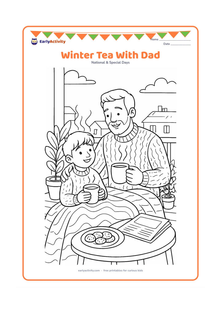 Colouring page: A father and child share warm tea and snacks on a cool morning balcony, wearing sweaters, with a blanket, steaming cups, potted plants, folded newspaper with blank pages and distant…