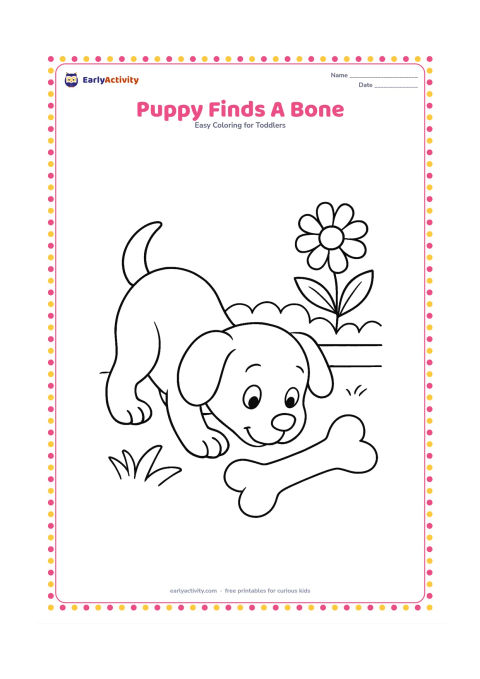 Colouring page: A playful puppy bends down to sniff a large bone in a garden. Include a round flower, two broad leaves and a low garden border behind the puppy.