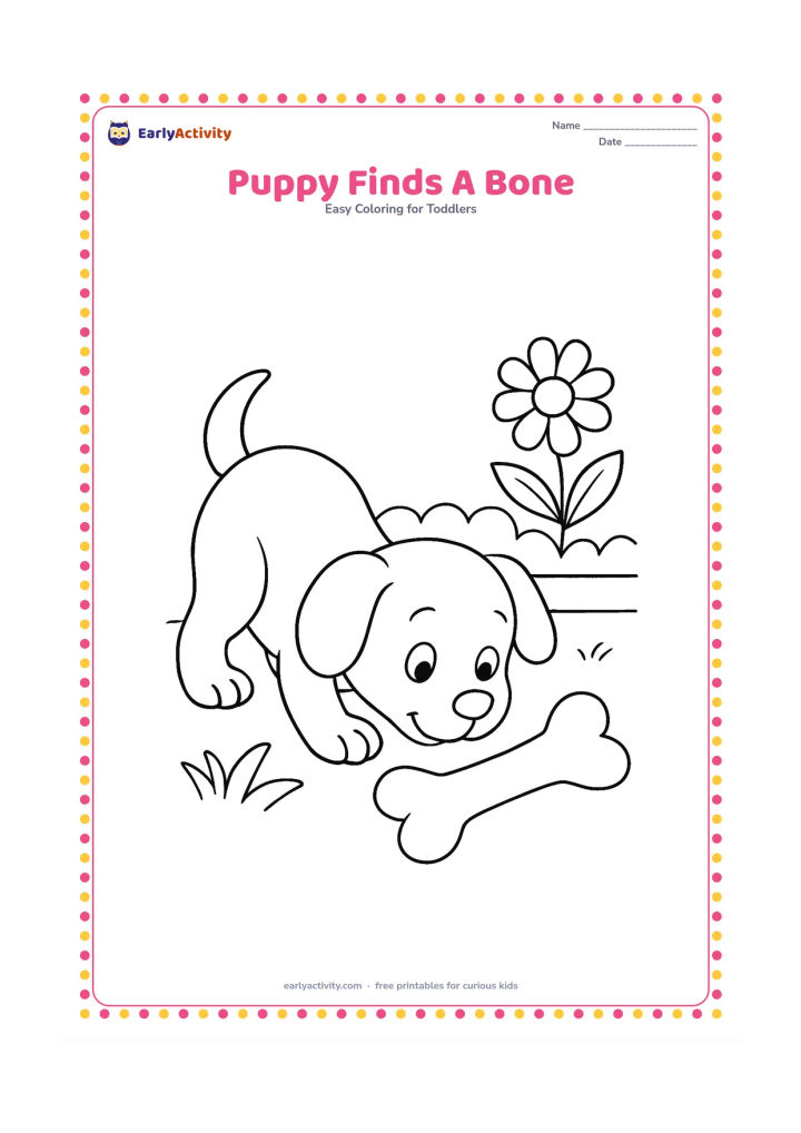 Colouring page: A playful puppy bends down to sniff a large bone in a garden. Include a round flower, two broad leaves and a low garden border behind the puppy.