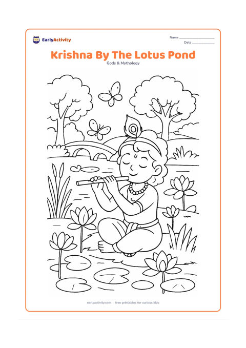 Colouring page: Draw Krishna sitting at the edge of a lotus pond and playing his flute. Include several lotus flowers, lily pads, reeds, butterflies, a small bridge, and leafy trees.