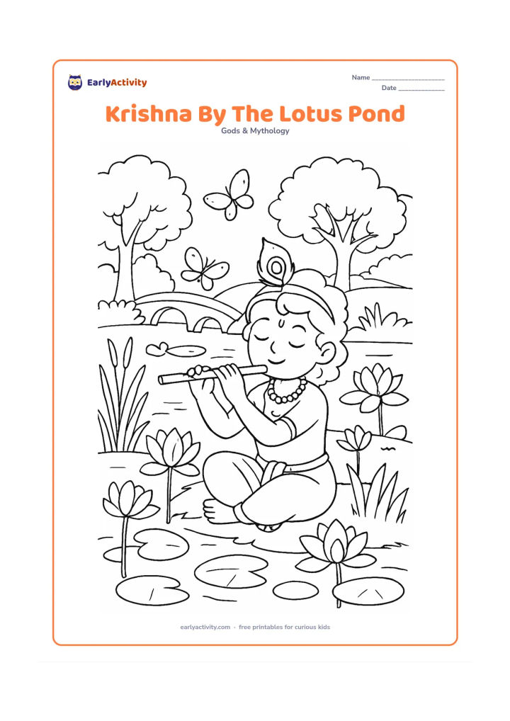 Colouring page: Draw Krishna sitting at the edge of a lotus pond and playing his flute. Include several lotus flowers, lily pads, reeds, butterflies, a small bridge, and leafy trees.