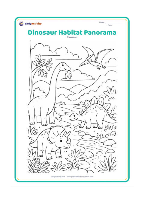 Colouring page: Draw a detailed prehistoric landscape containing a Brachiosaurus reaching leafy treetops, a Triceratops near ferns, a Stegosaurus beside a stream and a Pterodactyl above. Add layered…