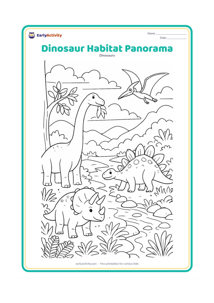 Colouring page: Draw a detailed prehistoric landscape containing a Brachiosaurus reaching leafy treetops, a Triceratops near ferns, a Stegosaurus beside a stream and a Pterodactyl above. Add layered…