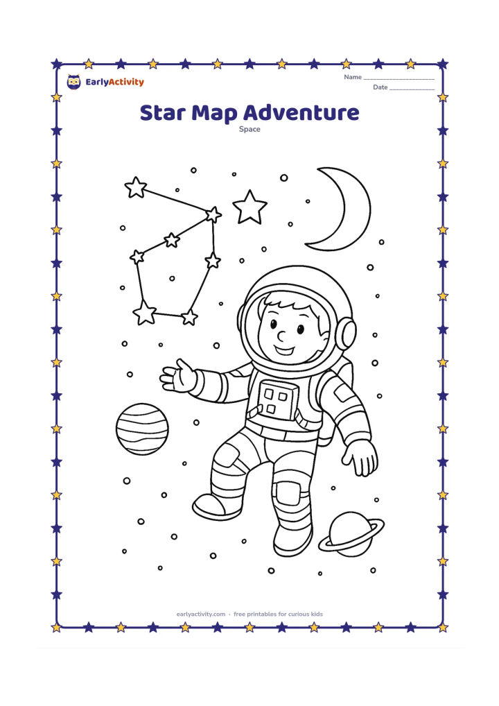 Colouring page: An explorer in a space suit floats beside a large original constellation, a bright five-pointed star, a crescent Moon and two planets. Include looping paths between some stars without…