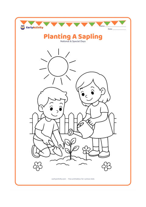 Colouring page: Draw two children planting a small sapling in a garden bed, with one holding a trowel and the other holding a plain water pot. Add a large sun, three flowers and a low fence.