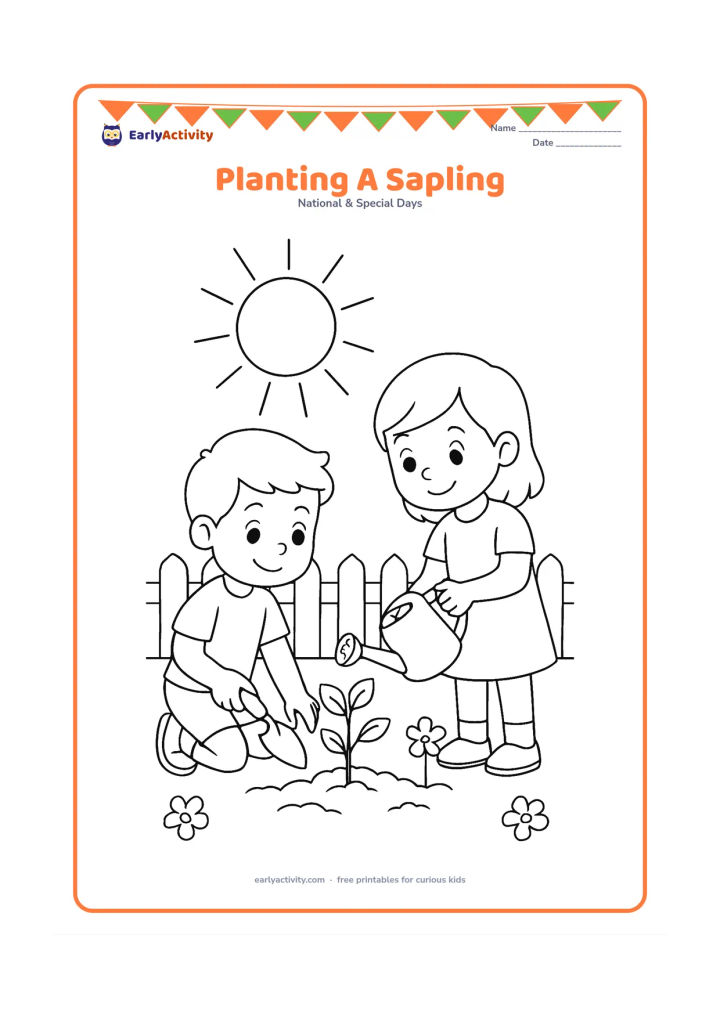 Colouring page: Draw two children planting a small sapling in a garden bed, with one holding a trowel and the other holding a plain water pot. Add a large sun, three flowers and a low fence.