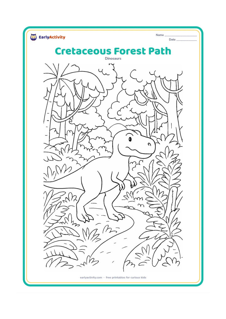 Colouring page: A T-Rex walks calmly along a winding path through a dense prehistoric forest, with ferns, cycads, vines, fallen logs and layered distant trees. Place the dinosaur in the centre with…