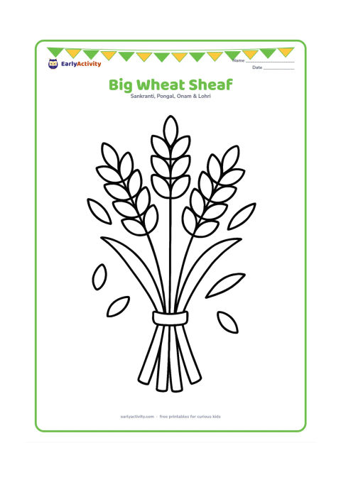Colouring page: A large bundle of ripe wheat stalks tied at the centre, with a few loose grains and simple leaves around it. Place the sheaf in the middle with plenty of open space for colouring.