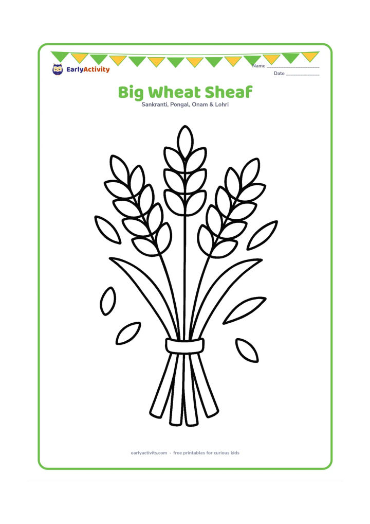 Colouring page: A large bundle of ripe wheat stalks tied at the centre, with a few loose grains and simple leaves around it. Place the sheaf in the middle with plenty of open space for colouring.