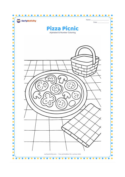 Colouring page: Draw a round pizza on a plate with separate vegetable toppings, beside a folded picnic napkin and a small basket. Set the scene on a patterned picnic cloth without any writing.