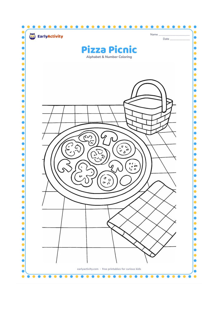 Colouring page: Draw a round pizza on a plate with separate vegetable toppings, beside a folded picnic napkin and a small basket. Set the scene on a patterned picnic cloth without any writing.