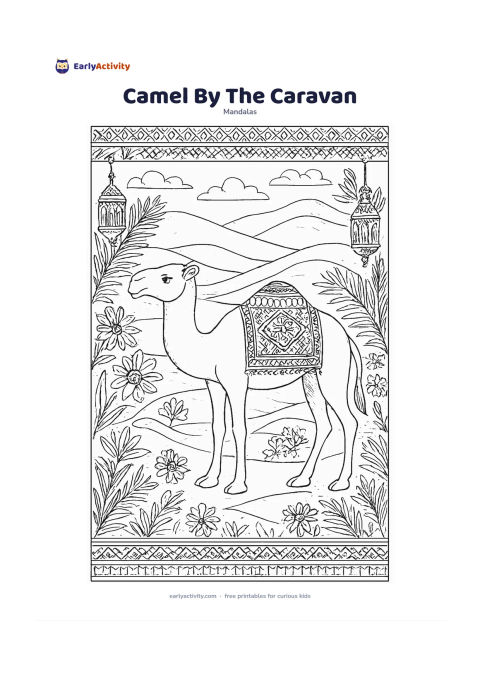 Colouring page: Show a calm single-humped camel standing in the centre of a desert scene, with a small decorated saddle blanket. Surround it with repeating dunes, desert flowers, palm fronds, simple…