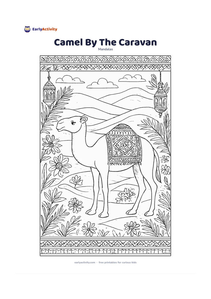 Colouring page: Show a calm single-humped camel standing in the centre of a desert scene, with a small decorated saddle blanket. Surround it with repeating dunes, desert flowers, palm fronds, simple…