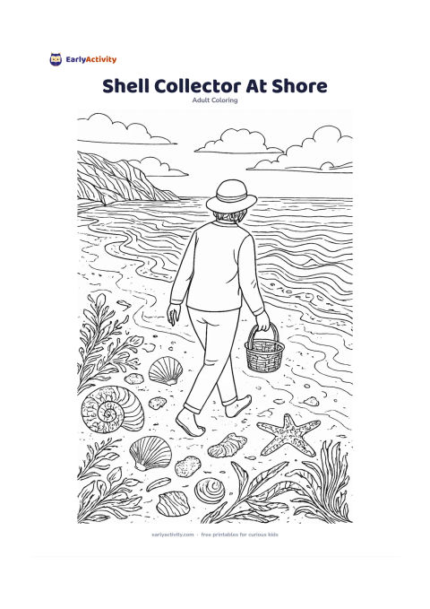Colouring page: An adult walks along a quiet beach carrying a small woven basket while noticing shells, starfish and seaweed near the tide line. Include footprints, gentle waves, a rocky headland and…