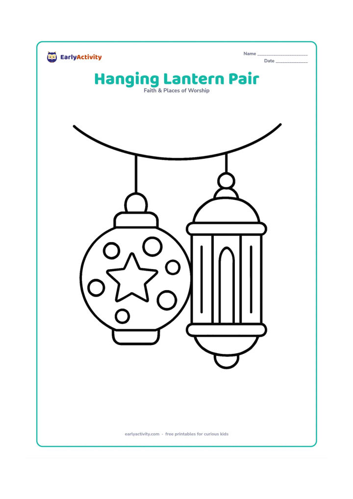 Colouring page: Two different large lanterns hang from a simple curved line, one round and one tall, with a few big decorative dots and stars. Use a plain open background.