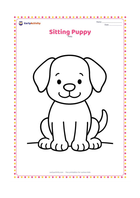 Colouring page: Draw a puppy sitting upright with its front paws together, floppy ears, a round body, and a gently wagging tail. Place the puppy on a simple ground line with no extra objects.