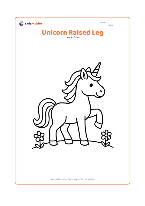 Worksheet: A full unicorn in profile with one front leg raised playfully, a rounded body, arched neck, clear hooves, horn, pointed ears, layered mane and curling tail. Place it on a simple grassy…