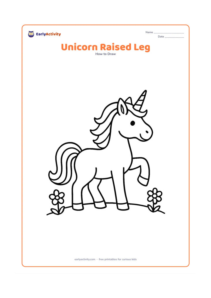 Worksheet: A full unicorn in profile with one front leg raised playfully, a rounded body, arched neck, clear hooves, horn, pointed ears, layered mane and curling tail. Place it on a simple grassy…