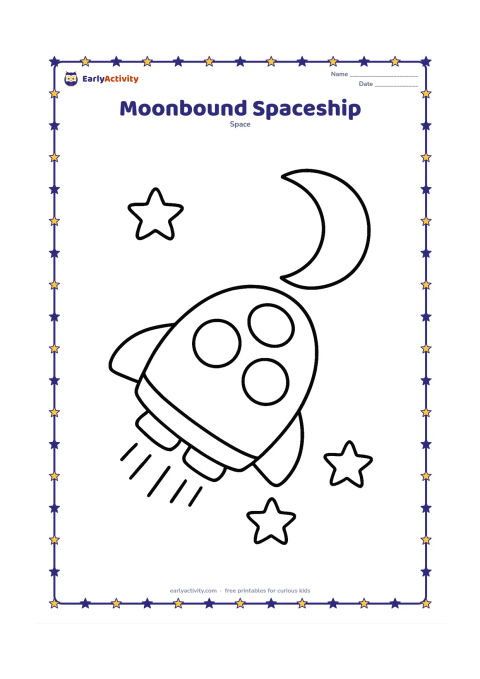 Colouring page: Draw a friendly rounded spaceship flying toward a large crescent moon, with three oversized windows and a few large stars around it. Place the craft in the centre with a clear open…