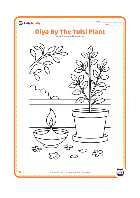 Colouring page: A lit diya sits beside a raised tulsi planter in a home courtyard, with a low wall, leafy branches and a few flower petals on the ground.
