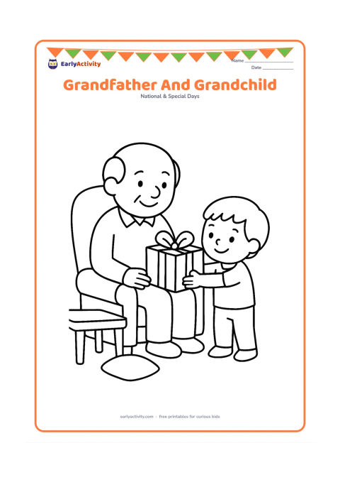 Colouring page: A grandfather sits in a comfortable chair while a young grandchild offers him a large wrapped gift with a bow. Include a small table and one cushion.