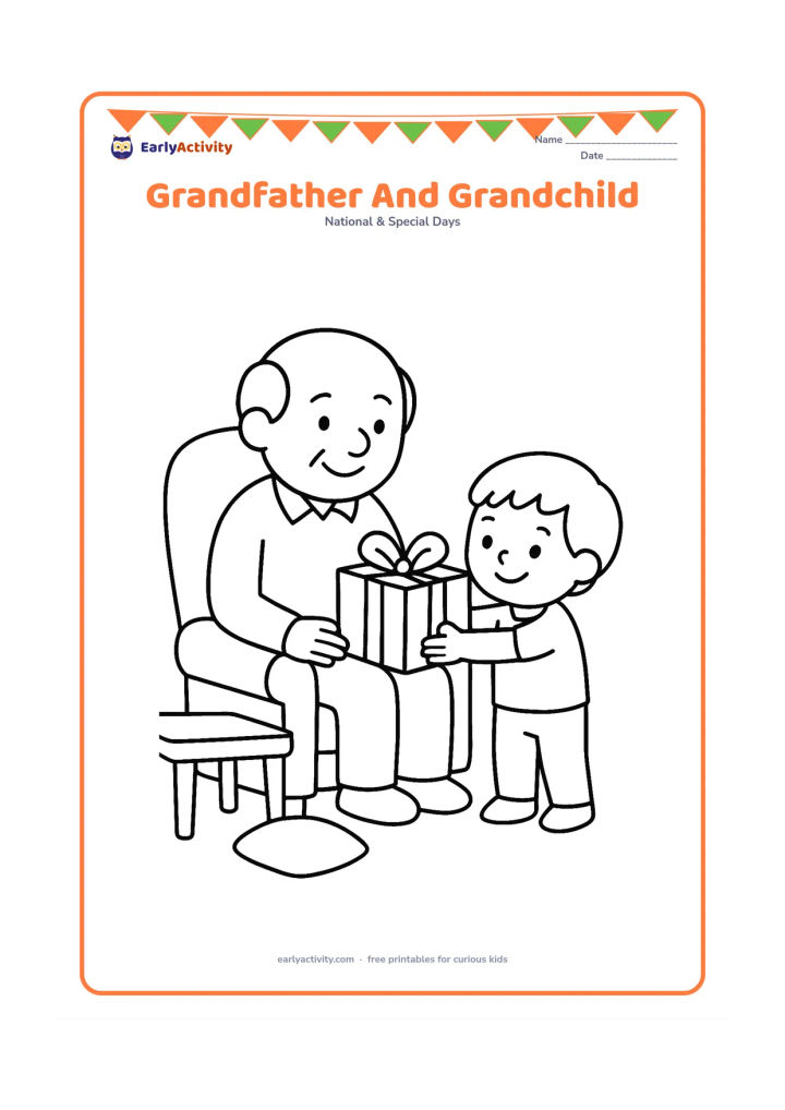 Colouring page: A grandfather sits in a comfortable chair while a young grandchild offers him a large wrapped gift with a bow. Include a small table and one cushion.