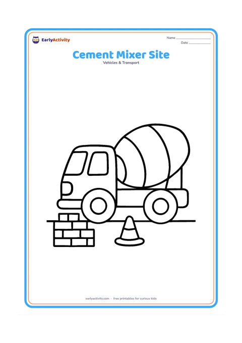Colouring page: A cement mixer truck stands beside a small building site with one stack of bricks and a simple cone-shaped pile. Show the round mixer drum clearly and leave plenty of open space.