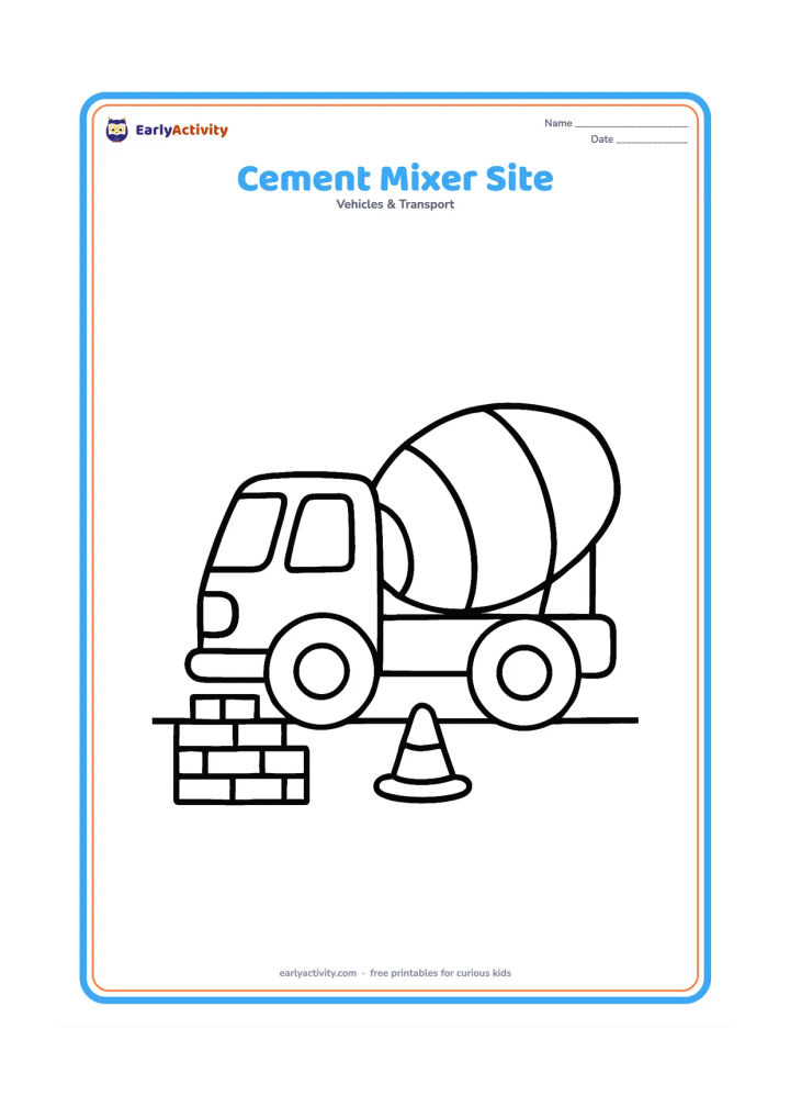 Colouring page: A cement mixer truck stands beside a small building site with one stack of bricks and a simple cone-shaped pile. Show the round mixer drum clearly and leave plenty of open space.