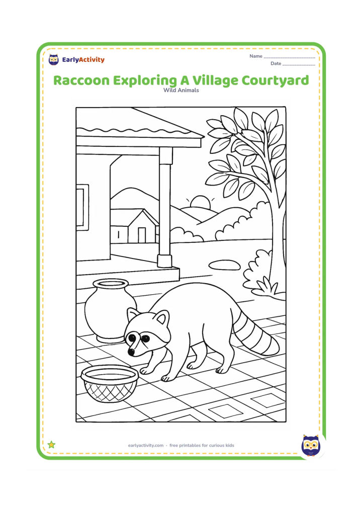 Colouring page: Draw a raccoon cautiously exploring a quiet Indian village courtyard at dawn, passing a clay pot, a low woven basket and a leafy tree. Include a simple veranda, patterned floor tiles and…