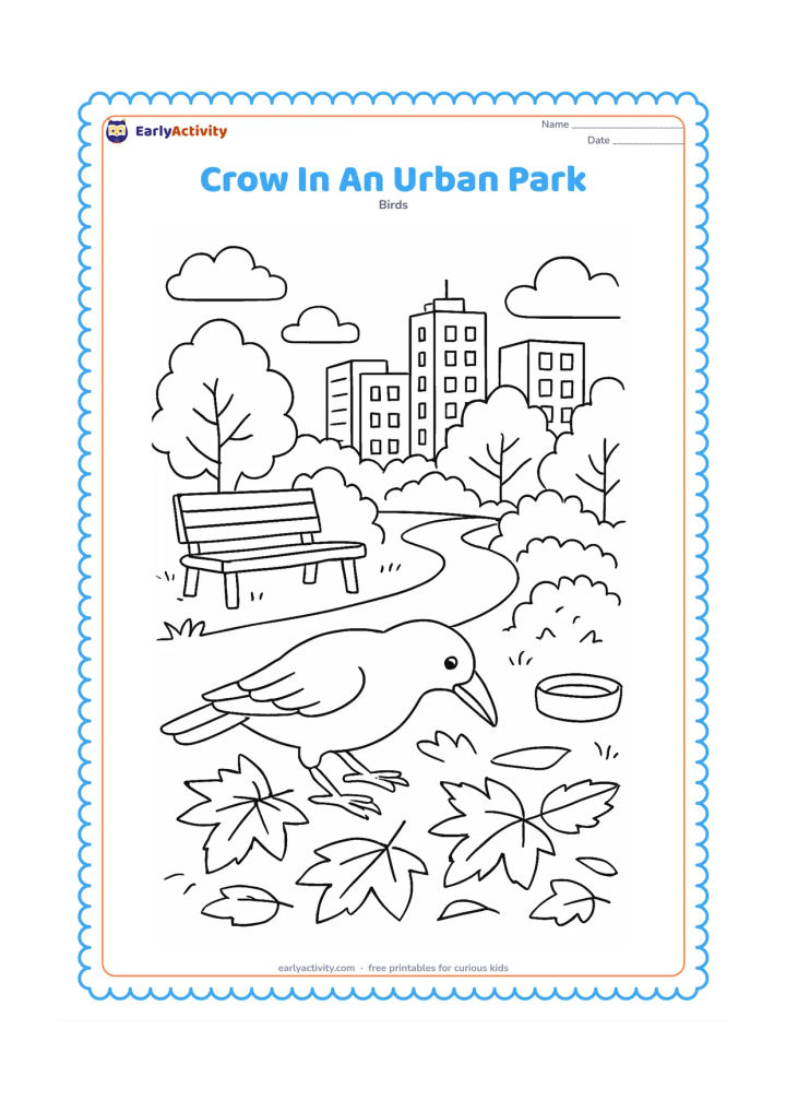 Colouring page: A crow searches among leaves in an urban park with a bench, paved path, drinking-water bowl, shrubs, and apartment buildings in the distance.