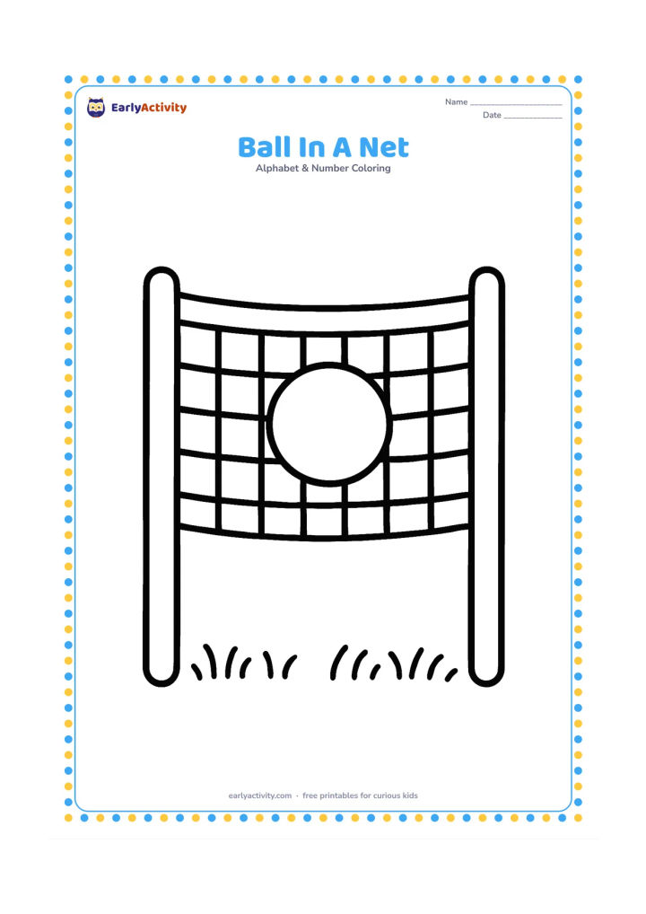 Colouring page: Draw a large playground net hanging between two simple posts, with a round ball caught in the middle. Add a short grass line below.