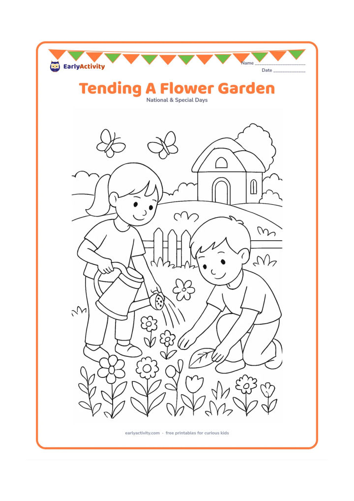 Colouring page: Show two children caring for an established flower garden in spring, with one watering plants and the other removing a fallen leaf. Include a low fence, butterflies, flower beds and a…