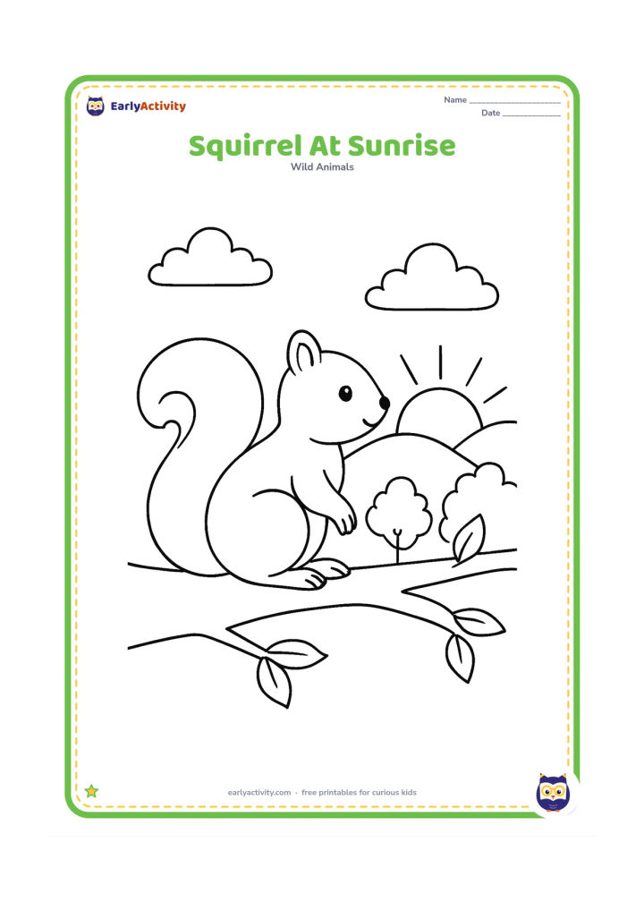 Colouring page: Draw a squirrel sitting on a branch and looking toward a rising sun over distant hills, with a few treetops and clouds.