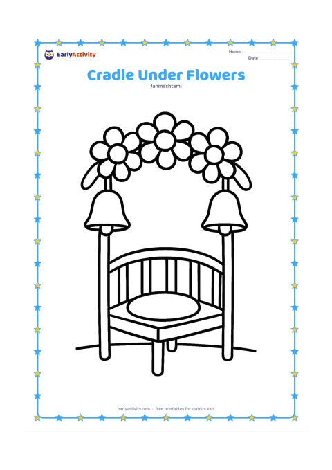 Colouring page: Draw an empty festival cradle beneath a simple flower canopy, with two large hanging bells and a round cushion inside. Place it on a clean floor.