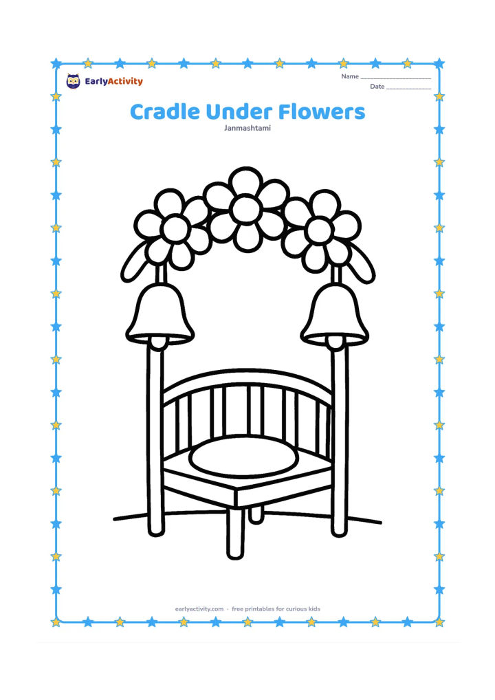 Colouring page: Draw an empty festival cradle beneath a simple flower canopy, with two large hanging bells and a round cushion inside. Place it on a clean floor.