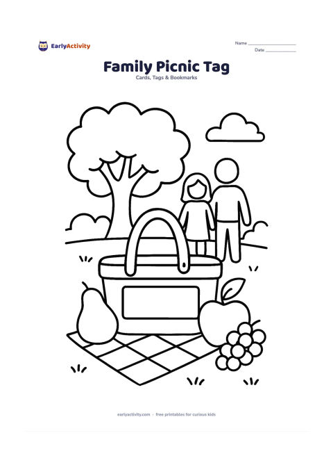 Worksheet: Draw a picnic basket-shaped gift tag at a family picnic under a leafy tree, with a folded mat, fruit and two simple family figures in the background. Reserve a broad blank panel on the…